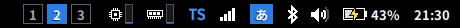 Right side of wm2tj-bar: desktops 1 to 3, CPU, memory, tray, Wi-Fi, input method, Bluetooth, volume, battery and clock